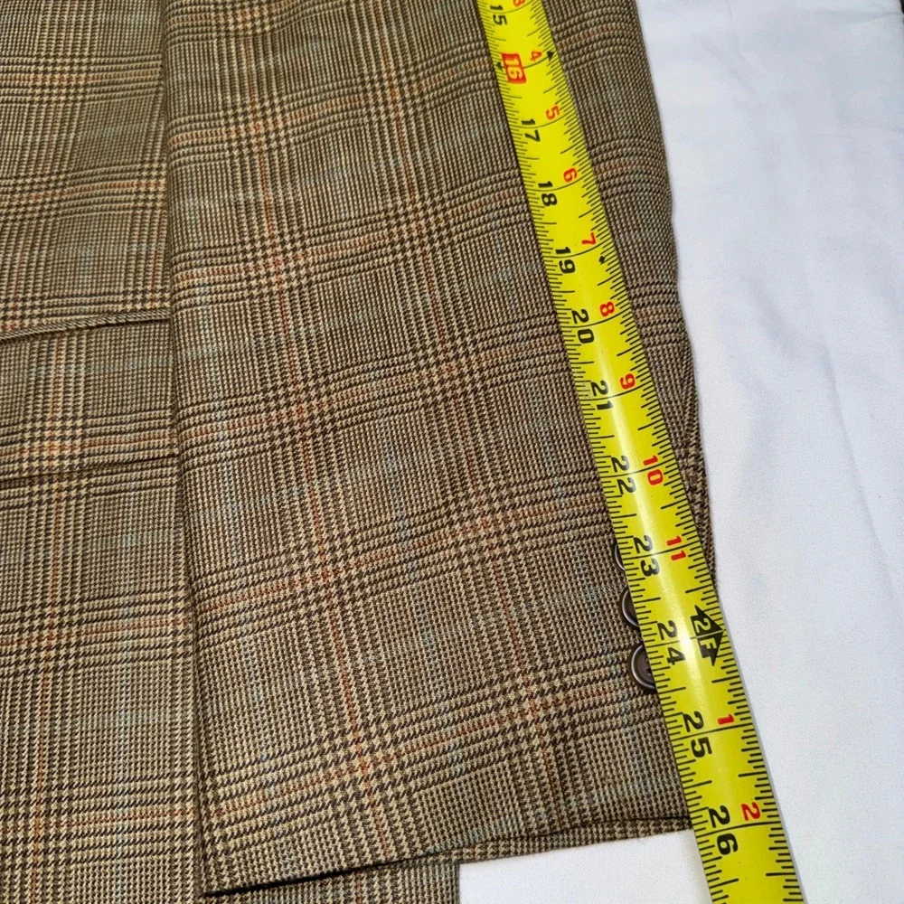 Lauren Ralph Lauren Mens 44L Silk Wool Glen Plaid Blazer Sport Coat Brown Tan